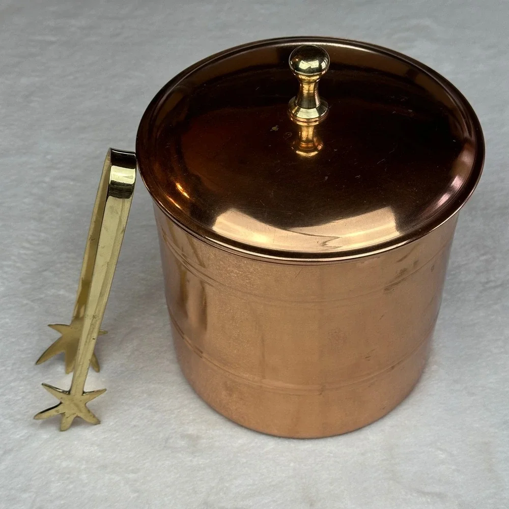 Vintage Copper‎ Ice Bucket with Tongs and Lid Barware Serving